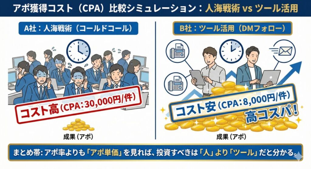 アポ獲得単価(CPA)の比較図解 - 人海戦術（アポ単価3万円）とツール活用（アポ単価8千円）のコストパフォーマンス差。ツールへの投資が人件費削減と成果最大化につながることを示すイラスト