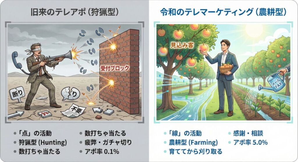 旧来の狩猟型テレアポと令和の農耕型テレマーケティングの比較。無作為な架電による疲弊と、FAX・メール活用による効率的な収穫の対比