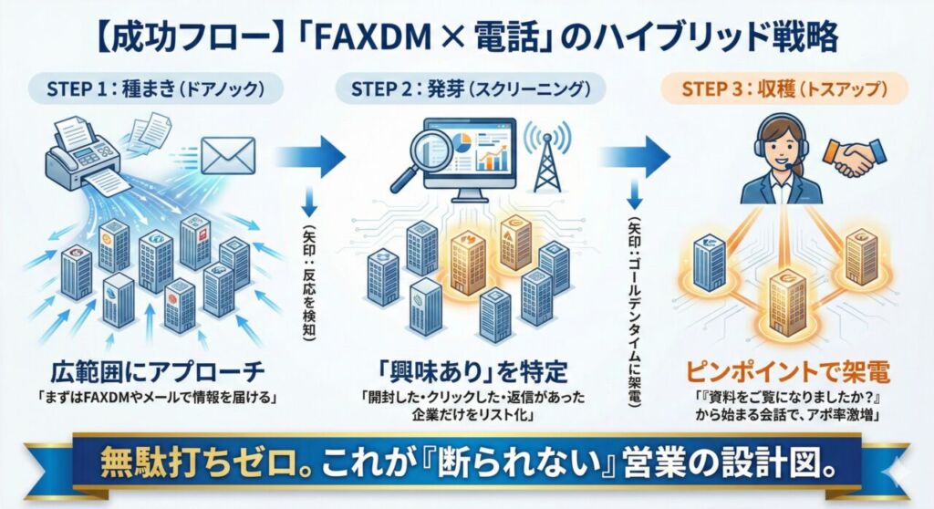 FAXDMと電話を組み合わせたハイブリッド営業の成功フロー。ステップ1で広範囲へアプローチ、ステップ2で反応を特定、ステップ3でピンポイント架電を行う「無駄打ちゼロ」の設計図