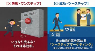 ワンステップマーケティングの失敗例（左）とツーステップマーケティングの成功例（右）の比較図解。左はいきなり売り込んで顧客の警戒心という壁に跳ね返されている様子。右は集客・販売という階段を登り、スムーズにBtoB契約を結んでいる様子。