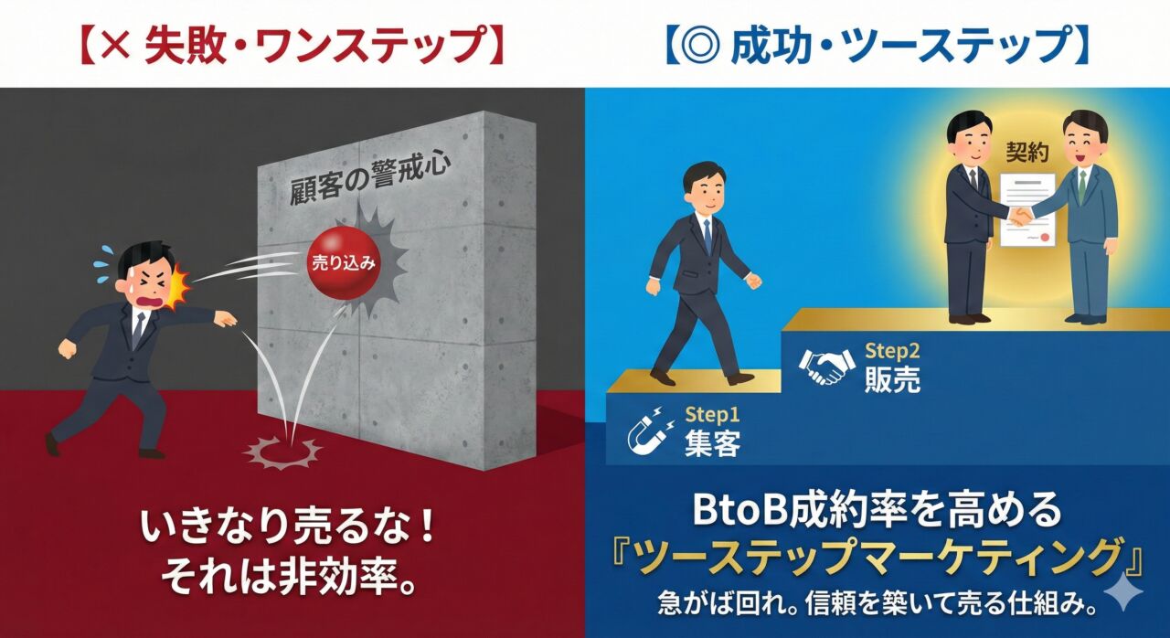 ワンステップマーケティングの失敗例（左）とツーステップマーケティングの成功例（右）の比較図解。左はいきなり売り込んで顧客の警戒心という壁に跳ね返されている様子。右は集客・販売という階段を登り、スムーズにBtoB契約を結んでいる様子。