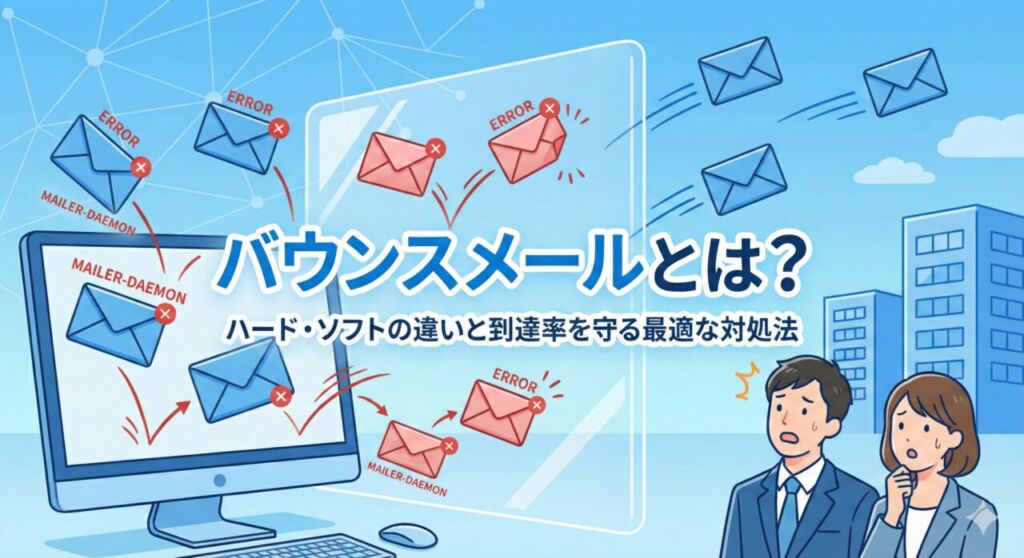 バウンスメールとは?ハード・ソフトの違いと到達率を守る最適な対処法。送信したメールがエラー(MAILER-DAEMON)として跳ね返され、困惑するビジネスパーソンのイラスト