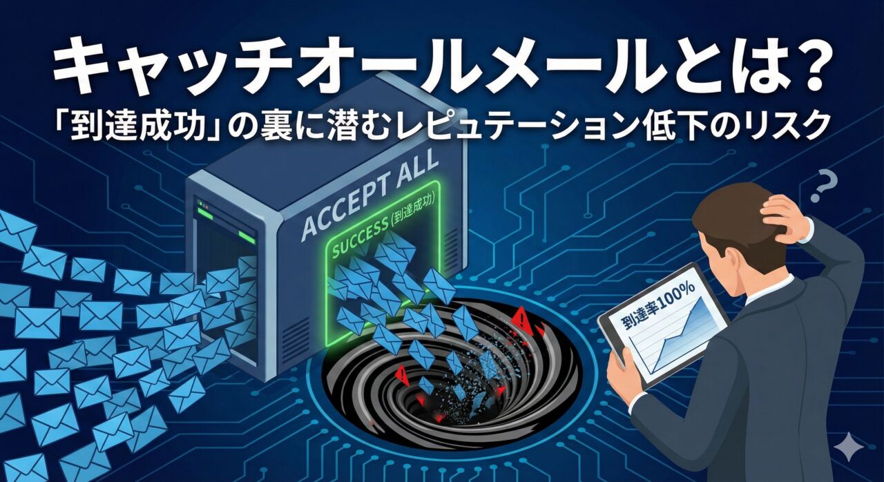 キャッチオールメールとは？サーバー入り口で「到達成功（SUCCESS）」と判定されたメールが、実はブラックホールに吸い込まれて消滅しており、手元のタブレットの「到達率100%」という数字とのギャップに困惑するビジネスパーソンのイラスト