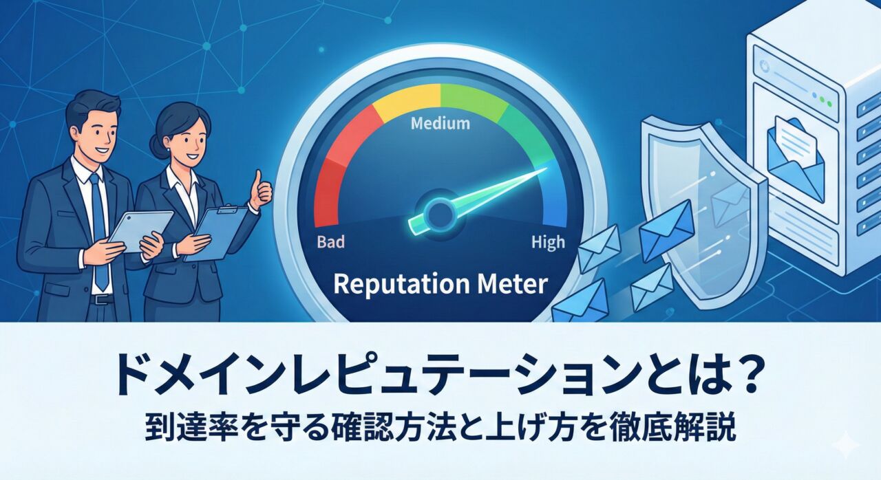 ドメインレピュテーションとは？到達率を守る確認方法と上げ方を徹底解説。メール送信の信用スコア（Reputation Meter）が安全なHighを指し、スパムフィルターを通り抜けている様子を確認するビジネスパーソンのイラスト