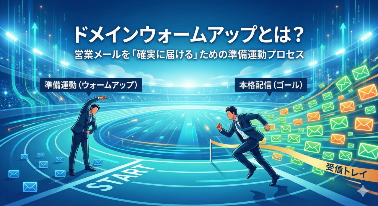 ドメインウォームアップとは？スタート地点で少量のメールとともに準備運動をするビジネスマンと、大量のメールを連れて受信トレイ（ゴール）へ全速力で走る姿を対比させ、営業メールを確実に届けるための段階的なプロセスを表現したイラスト