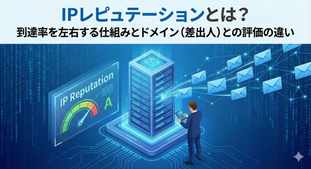 IPレピュテーションとは?到達率を左右する仕組みとドメイン(差出人)との評価の違い。メール配信サーバーのIP評価(Aランク)をタブレットで確認・分析するビジネスパーソンのイラスト