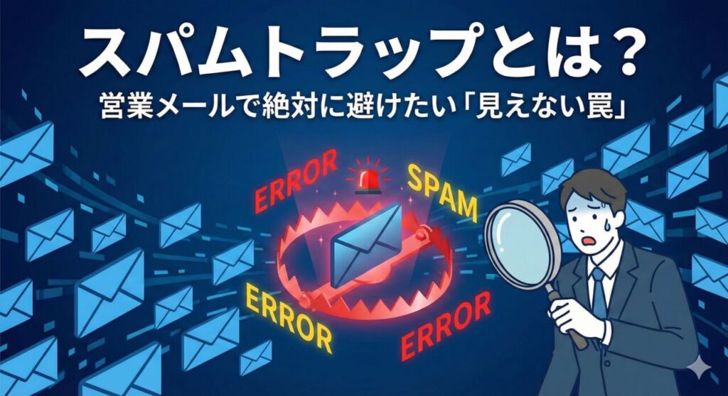 スパムトラップとは？無数の青い正常なメールの中に紛れ込んだ赤く光る罠（スパムトラップ）を、虫眼鏡で発見し冷や汗をかくビジネスパーソンのイラスト。営業メールに潜む見えない危険性を視覚化