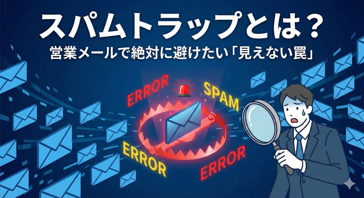 スパムトラップとは？無数の青い正常なメールの中に紛れ込んだ赤く光る罠（スパムトラップ）を、虫眼鏡で発見し冷や汗をかくビジネスパーソンのイラスト。営業メールに潜む見えない危険性を視覚化