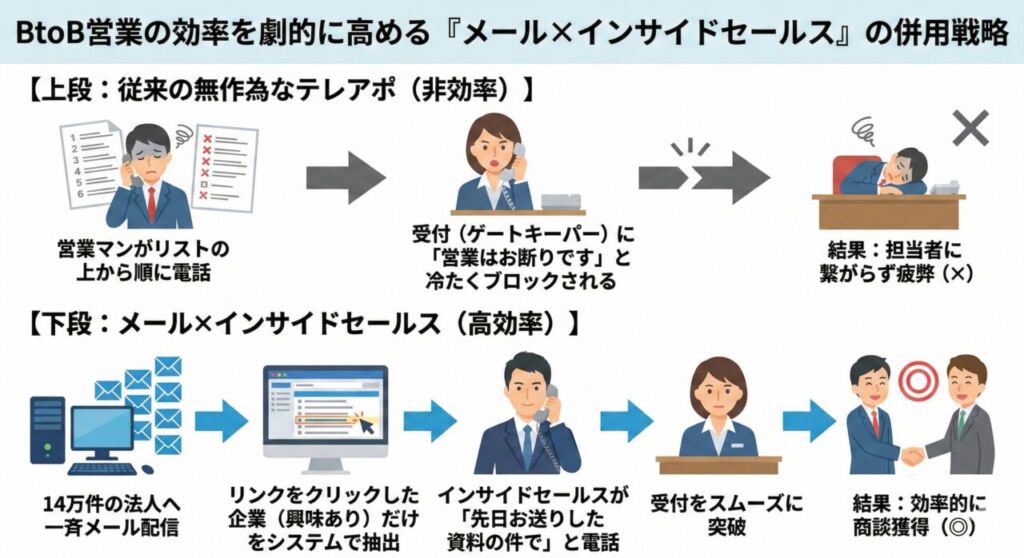 BtoB営業向け「メール×インサイドセールスの併用戦略」の比較インフォグラフィック。上段は従来の無作為なテレアポ(非効率)で、リスト順に電話をかける営業マンが受付(ゲートキーパー)に「営業はお断りです」と冷たくブロックされ、担当者に繋がらず疲弊する失敗フロー。下段はメール×インサイドセールス(高効率)で、14万件の法人へ一斉メール配信し、リンクをクリックした興味ある企業だけをシステムで抽出、インサイドセールスが「先日お送りした資料の件で」と電話することで受付をスムーズに突破し、効率的に商談を獲得する成功フローを描いています。