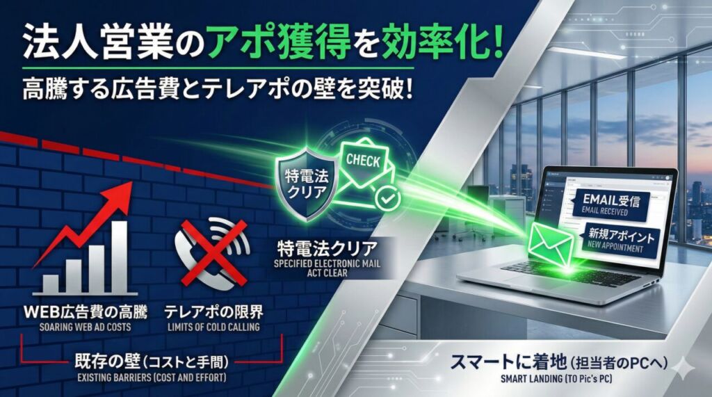 左側に「WEB広告費の高騰」を示す赤い上昇グラフと「テレアポの限界」を示すバツ印のついた電話アイコンが配置され、コストと手間という既存の壁を飛び越えて、特電法をクリアした安全な営業メールが右側の洗練されたオフィスにある担当者のノートPCへスマートに着地する様子を描いた図解。「法人営業のアポ獲得を効率化!高騰する広告費とテレアポの壁を突破!」と記載されたアイキャッチ画像です。