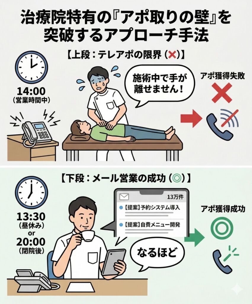治療院向け営業のアプローチ手法を比較した図解。上段では営業時間中の電話営業が「施術中で手が離せない」と断られる失敗例（✖）を描写。下段では、休憩中や閉院後にスマホで静かにメールを確認してもらい、商談へ繋がる成功例（◎）を描いています。