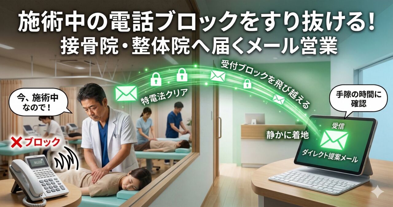左側で院長が患者の施術中で電話営業に出られない（ブロックされる）様子を描き、右側のデスクにあるタブレットへ営業メールが静かに着地している様子を描いた図解。「施術中の電話ブロックをすり抜ける！接骨院・整体院へ届くメール営業」と記載されたアイキャッチ画像です。