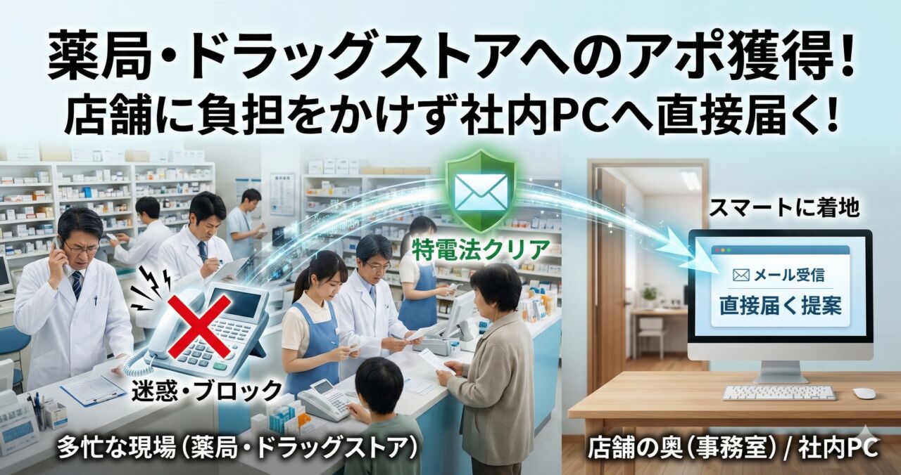 患者対応や調剤で多忙を極める薬局・ドラッグストアの風景。左側にはテレアポが現場の迷惑になることを示すバツ印のついた電話機が配置され、特電法をクリアした安全な営業メールが、忙しい現場の頭上を飛び越えて右側の店舗の奥にある事務室のパソコンへ直接着地する様子を描いた図解。「薬局・ドラッグストアへのアポ獲得！店舗に負担をかけず社内PCへ直接届く！」と記載されたアイキャッチ画像です。