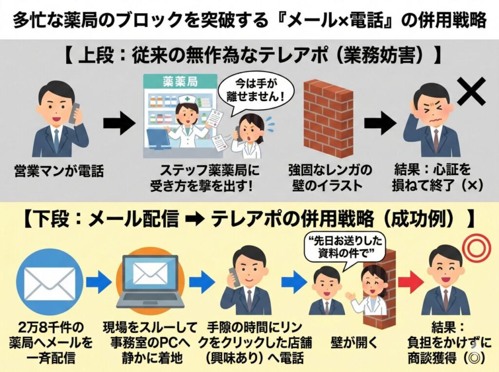 薬局・ドラッグストア向け営業戦略「多忙な薬局のブロックを突破する『メール×電話』の併用戦略」の比較インフォグラフィック。上段は従来の無作為なテレアポ（業務妨害）で、営業マンからの電話に接客・調剤中のスタッフが慌てて対応し「今は手が離せません！」と強固なレンガの壁でシャットアウトされ、心証を損ねて終了する失敗フロー。下段はメール配信➔テレアポの併用戦略（成功例）で、2万8千件の薬局へメールを一斉配信し現場をスルーして事務室のPCへ静かに着地、手隙の時間にリンクをクリックした店舗（興味あり）へ電話し「先日お送りした資料の件で」と伝えると壁が開き、現場に負担をかけずに商談を獲得する成功フローを描いています。