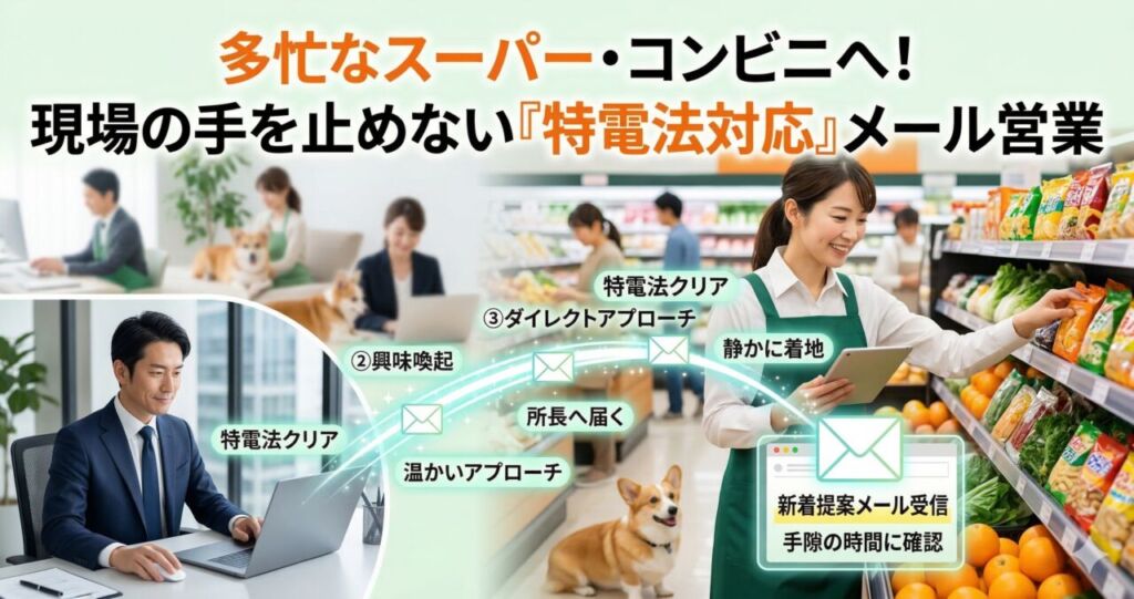 多忙なスーパーの売場で品出し中の店長が、現場の業務を邪魔されることなく、手隙の時間にタブレットで提案メールを笑顔で確認している温かい連携の様子を描いています。