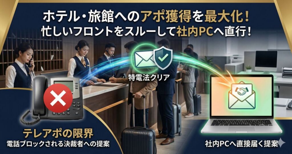 チェックイン対応や接客で多忙を極めるホテルのフロントデスクの風景。左側にはテレアポが迷惑がられて受付ブロックされる限界が示され、右側には特電法をクリアした安全な営業メールが忙しいフロントをスルーして奥の事務用パソコンの画面へスッと直接届く様子が描かれています。「ホテル・旅館へのアポ獲得を最大化！忙しいフロントをスルーして社内PCへ直行！」と記載されたアイキャッチ画像です。