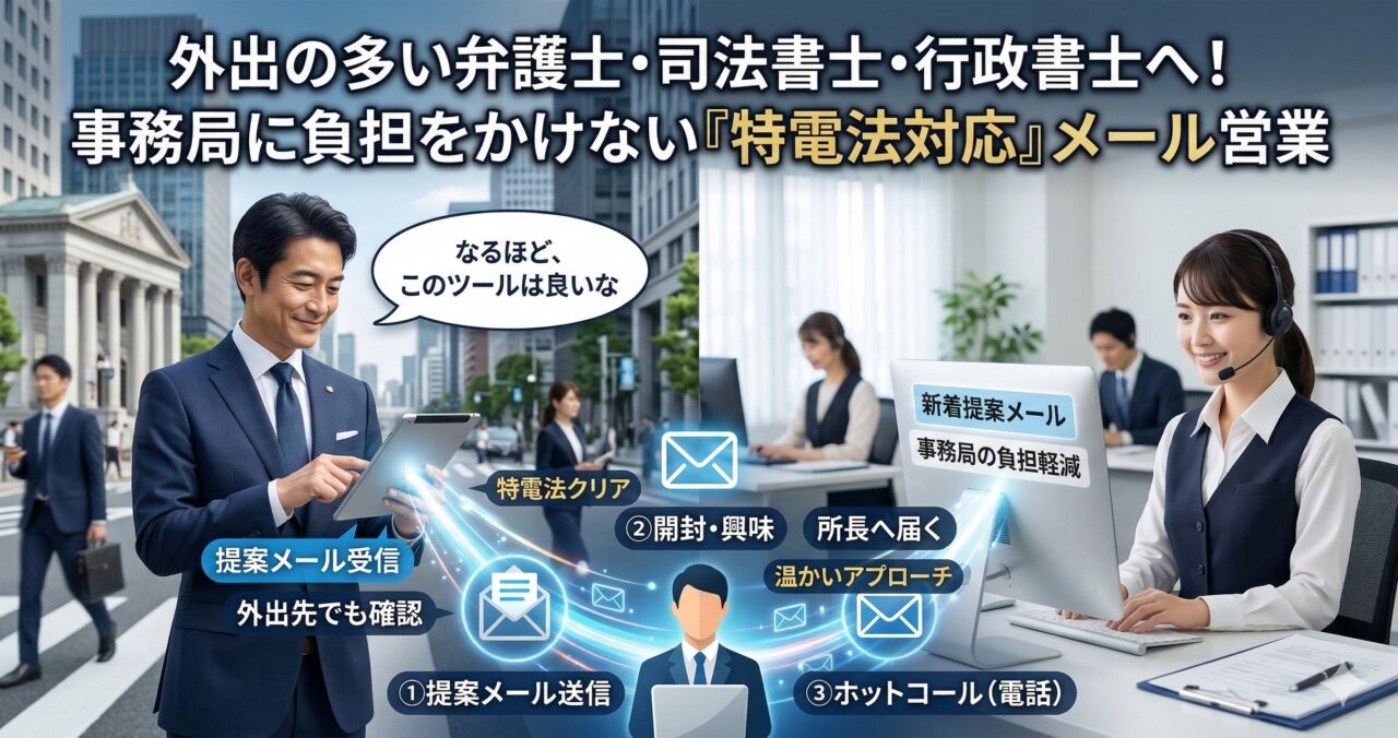 外出の多い弁護士・司法書士に向けたメール営業のアイキャッチ画像。左側で外出中の弁護士がスマホで提案メールを確認し、右側で法律事務所の事務員が電話応対に追われることなくスムーズにPCでメールを受信している、ポジティブな連携の様子を描いています。