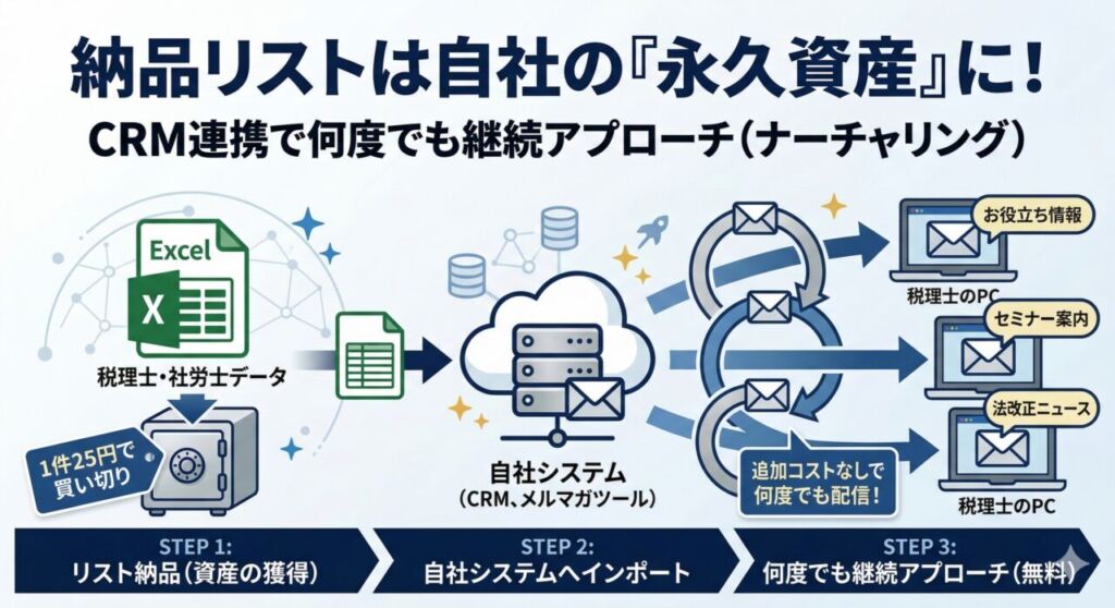 納品された士業リストを自社の資産として活用するフロー図。STEP1でエクセルのリストが納品され、STEP2で自社のCRMや顧客管理システムにインポート、STEP3で追加コストをかけずに何度でもメルマガ等で継続的アプローチ(ナーチャリング)ができる仕組みを描いています。