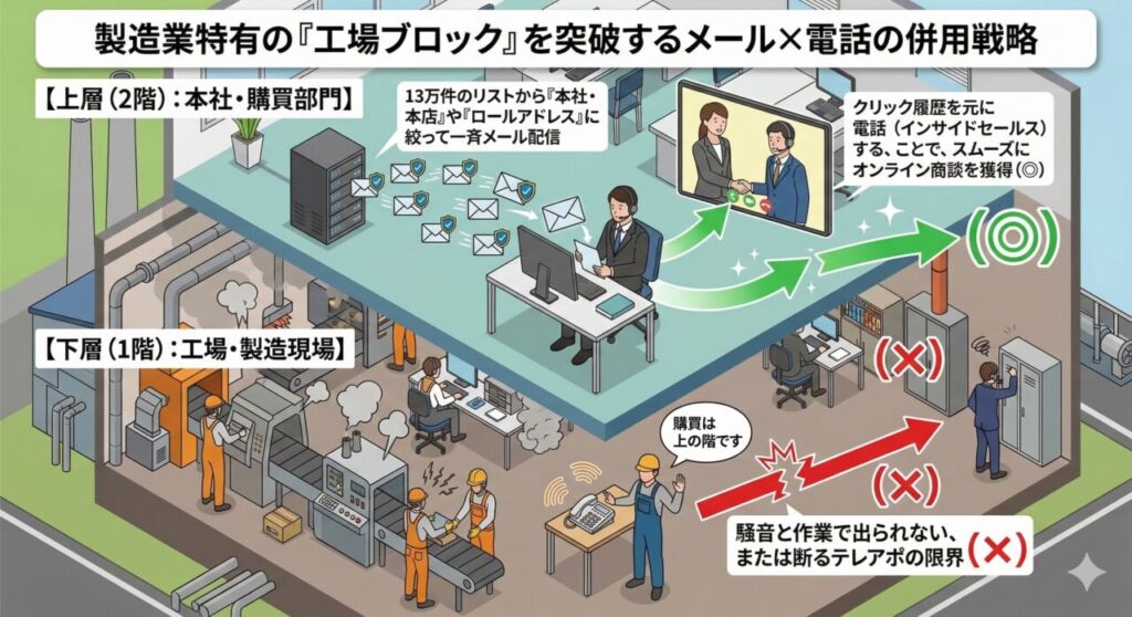 BtoB製造業向け営業戦略「製造業特有の『工場ブロック』を突破するメール×電話の併用戦略」のインフォグラフィック。下層（1階）の工場現場では騒音や作業でテレアポがブロックされる「テレアポの限界（×）」を描写。上層（2階）の本社・購買部門では、13万件のリストから本社やロールアドレスに絞って一斉メール配信し、クリック履歴を活用したインサイドセールスの電話でスムーズにオンライン商談を獲得する成功フロー（◎）を描いています。