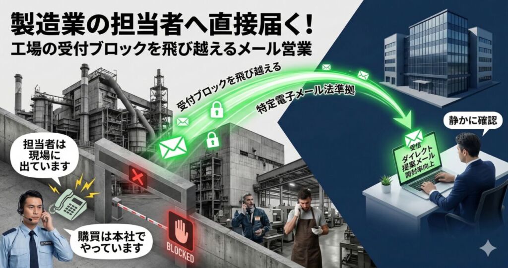手前にある堅牢な工場のセキュリティゲートで電話営業が「担当者は現場に出ています」「購買は本社でやっています」とブロックされている様子をよそに、特電法に準拠した安全な営業メールが工場の壁を飛び越え、奥にある本社オフィスビルの担当者のパソコンへダイレクトに着地する光の軌跡を描いた立体的な図解。「製造業の担当者へ直接届く！工場の受付ブロックを飛び越えるメール営業」と記載されたアイキャッチ画像です。
