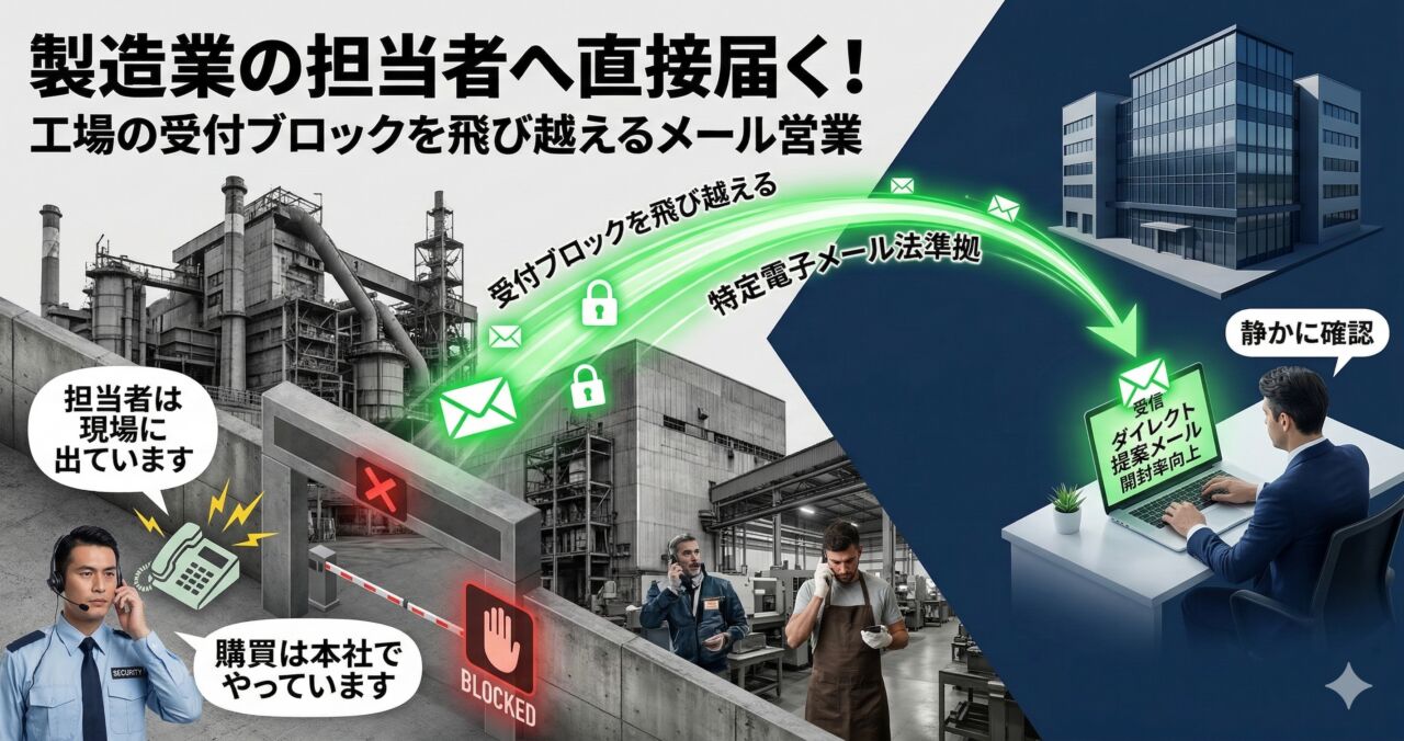 手前にある堅牢な工場のセキュリティゲートで電話営業が「担当者は現場に出ています」「購買は本社でやっています」とブロックされている様子をよそに、特電法に準拠した安全な営業メールが工場の壁を飛び越え、奥にある本社オフィスビルの担当者のパソコンへダイレクトに着地する光の軌跡を描いた立体的な図解。「製造業の担当者へ直接届く！工場の受付ブロックを飛び越えるメール営業」と記載されたアイキャッチ画像です。