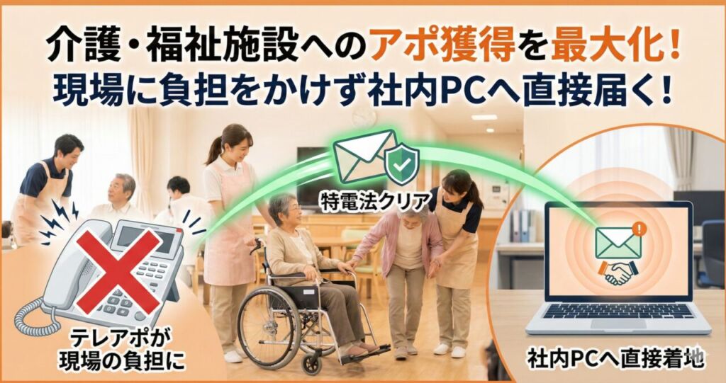 車椅子の介助など利用者対応で多忙を極める介護施設のフロア風景。左側にはテレアポが現場の負担になることを示すバツ印のついた電話機が配置され、右側には特電法をクリアした安全な営業メールが、忙しい現場の頭上をスルーして奥の事務用パソコンの画面へ静かに直接着地する様子が描かれています。「介護・福祉施設へのアポ獲得を最大化!現場に負担をかけず社内PCへ直接届く!」と記載されたアイキャッチ画像です。
