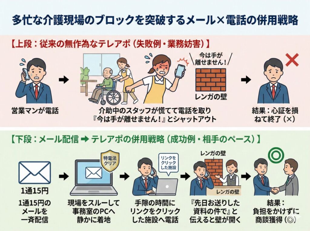 介護・福祉施設向け営業戦略「多忙な介護現場のブロックを突破するメール×電話の併用戦略」の比較インフォグラフィック。上段は従来の無作為なテレアポ(失敗例・業務妨害)で、営業マンからの電話に介助中のスタッフが慌てて出て「今は手が離せません!」とレンガの壁でシャットアウトされ、心証を損ねて終了するフロー。下段はメール配信➔テレアポの併用戦略(成功例・相手のペース)で、1通15円のメールを一斉配信し現場をスルーして事務室のPCへ静かに着地、手隙の時間にリンクをクリックした施設へ電話し「先日お送りした資料の件で」と伝えると壁が開き、負担をかけずに商談獲得するフローを描いています。