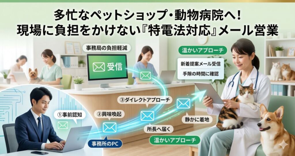 多忙なペットショップ・動物病院に向けたメール営業のアイキャッチ画像。動物のケアで忙しい獣医師やスタッフが、現場の業務を邪魔されることなく、手隙の時間にタブレットで提案メールを笑顔で確認している温かい連携の様子を描いています。