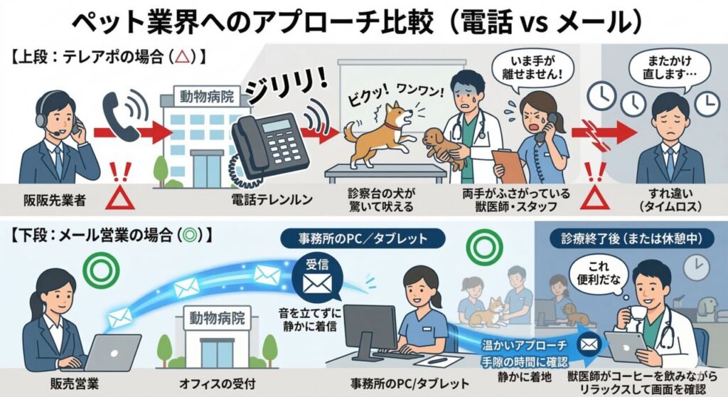 ペット関連施設へのアプローチ手法（電話とメール）の比較図解。上段はテレアポの着信音で動物が驚き、手が離せないスタッフの業務を妨害してしまう様子を、下段はメール営業によって音を立てずに着信し、診療後の手隙の時間にリラックスして確認してもらえる効率的な流れを描いています。