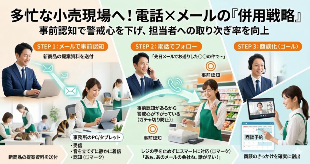 食品小売関連施設への『電話×メール併用戦略(ハイブリッド戦略)』のフロー図解。メールで事前認知を促すことで、その後の電話フォロー時の警戒心を下げ、効率的に商談のきっかけを創出する流れを描いています。上段はテレアポ、下段はメール営業の場合です。