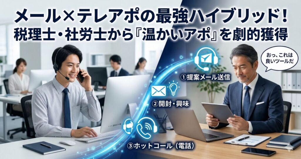 メール営業とテレアポを組み合わせた士業向けハイブリッド戦略のイメージ画像。左側の営業担当者が笑顔で電話をかけ、右側の税理士が手隙の時間にパソコンで提案メールを確認して興味を持っている様子を描いています。「メール×テレアポの最強ハイブリッド!税理士・社労士から『温かいアポ』を劇的獲得」と記載されたアイキャッチ画像です。