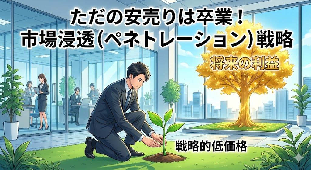 清潔感のあるアニメスタイル。BtoB営業マンが「戦略的低価格」という小さな苗を顧客のオフィスに植えている。背景の窓越しには、その苗が成長し「将来の利益」という巨大な金の木になっている様子が描かれている。「ただの安売りは卒業！市場浸透（ペネトレーション）戦略」という大きなテキストが配置されている。